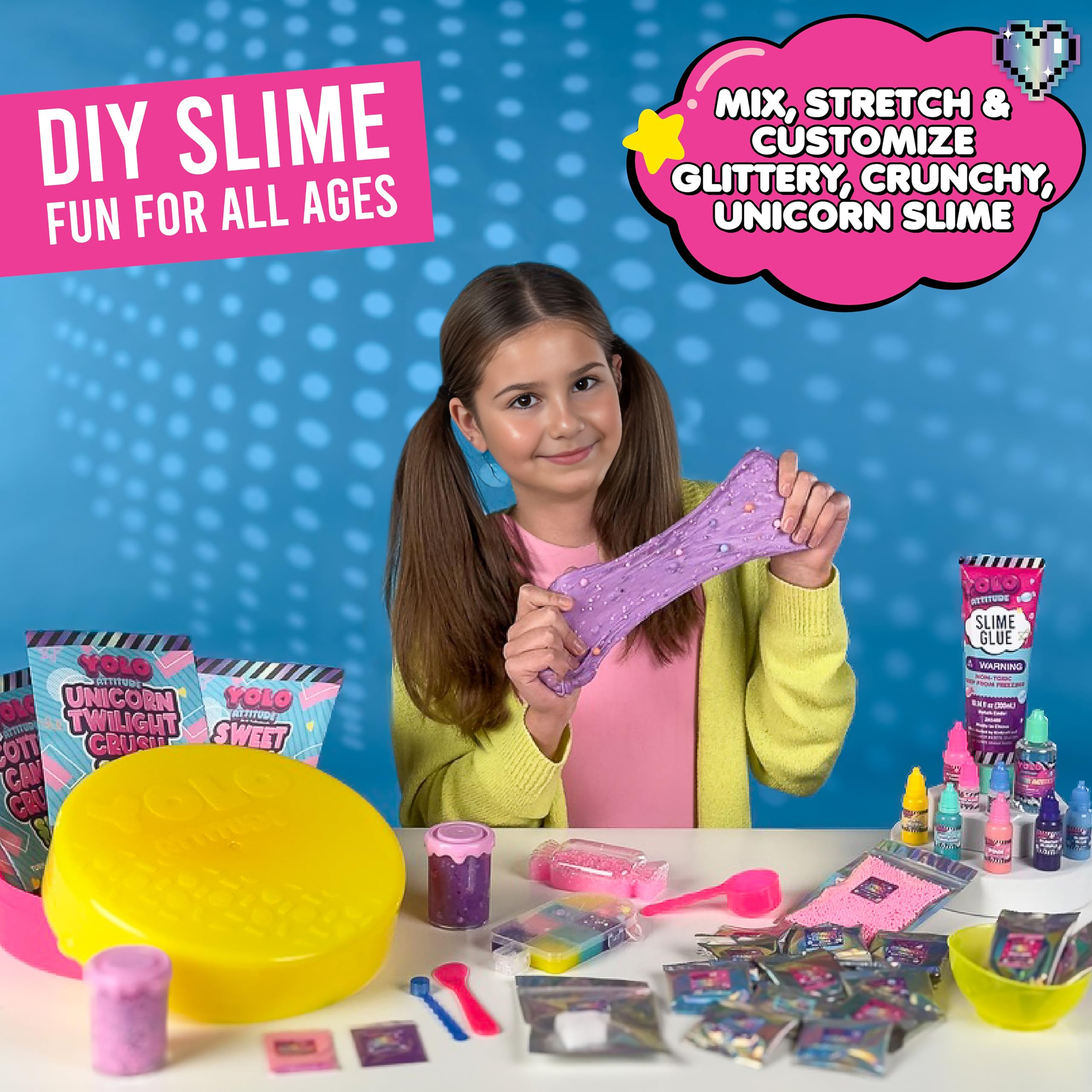 YOLO Unicorn Candy Craze slime kit cloud slime texture close-up display.