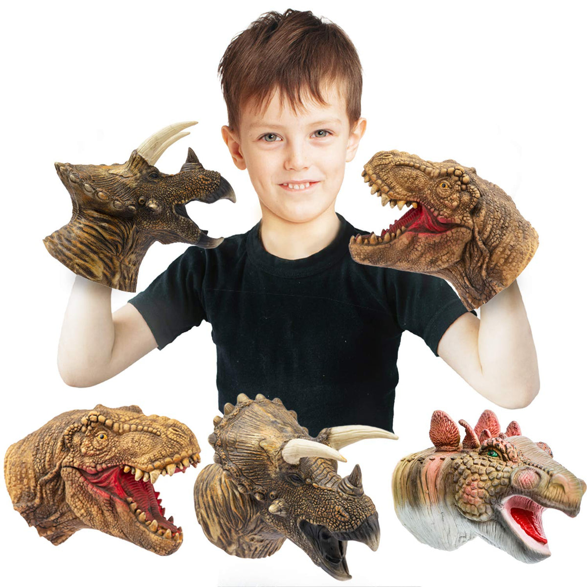 Yolococa Tyrannosaurus puppet close-up shows realistic latex texture for storytelling