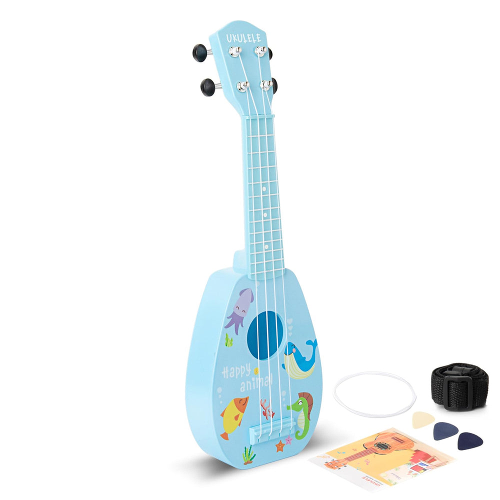 YOLOPARK 17-inch kids guitar blue front view, beginner-friendly design for joyful first notes