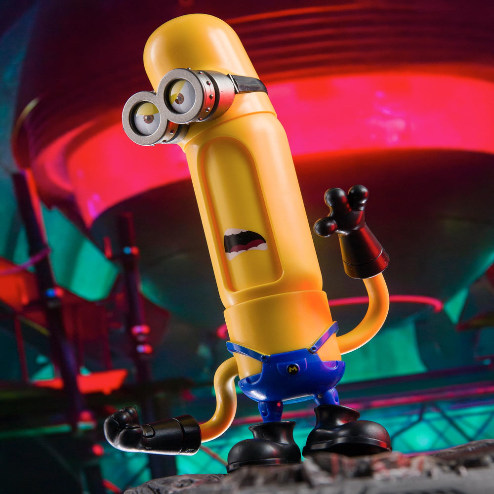Stretchable rubber arms recreate movie moment stretches for imaginative play.