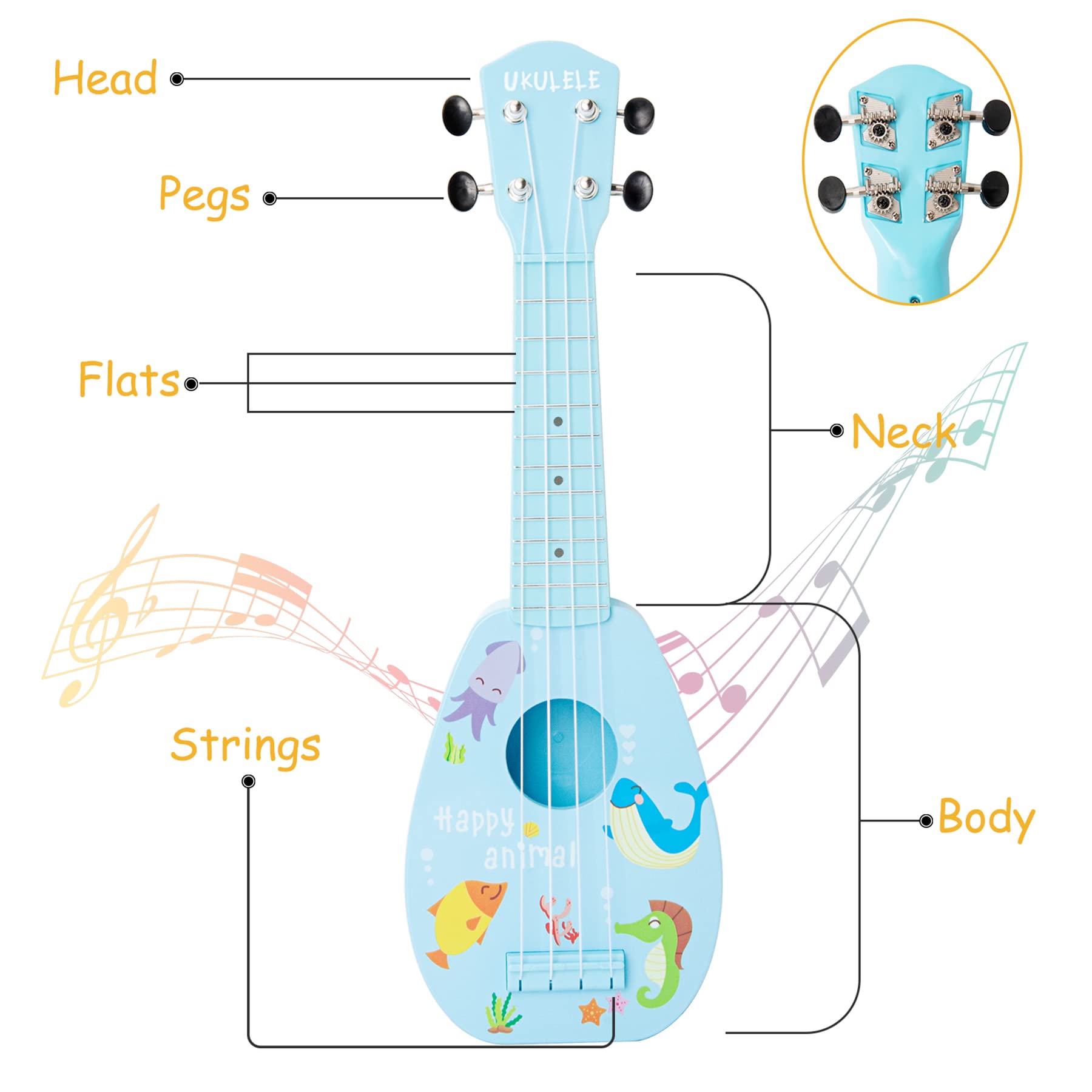 Nylon strings close-up on YOLOPARK 17-inch toy guitar for gentle touch