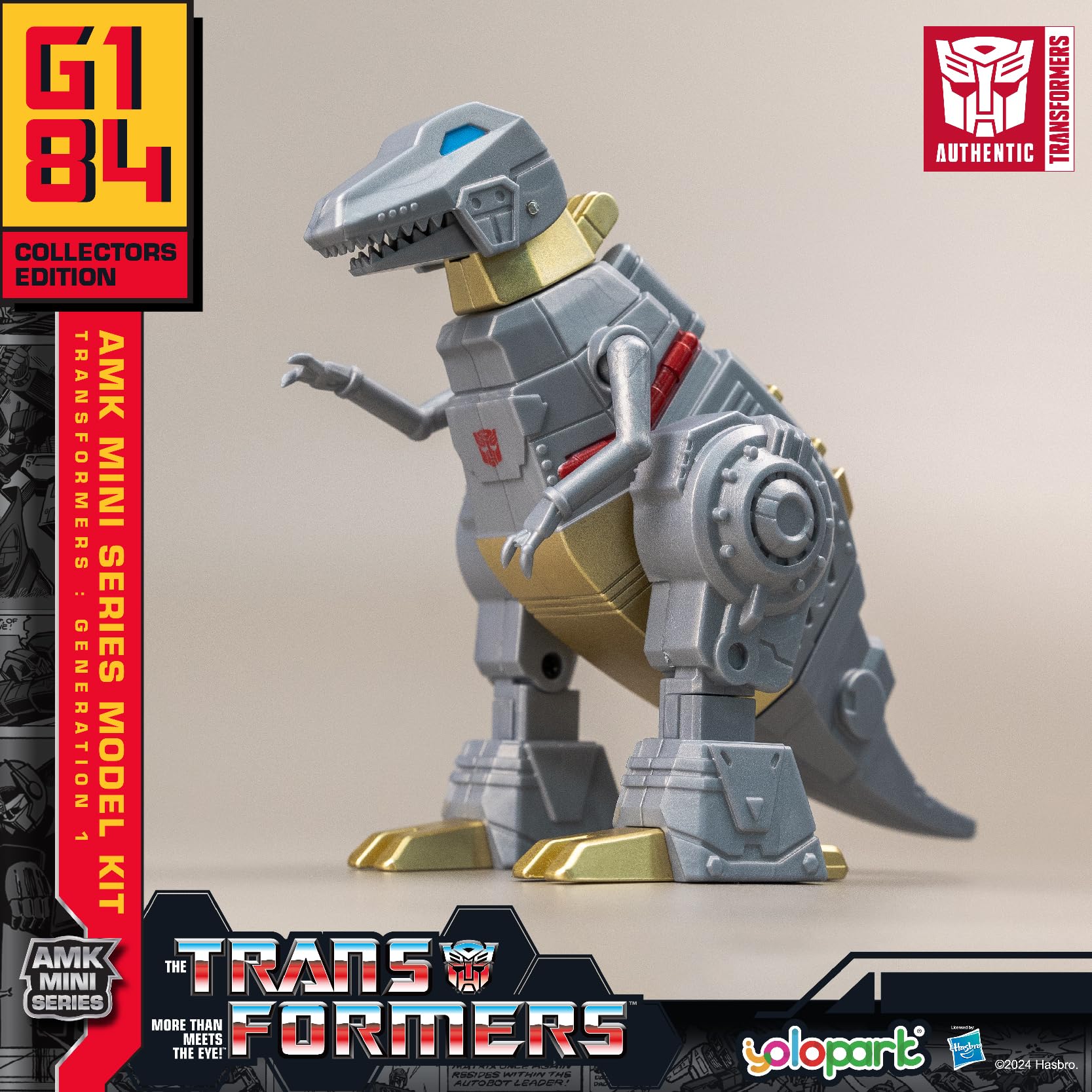 YOLOPARK Transformers Grimlock figure in dinosaur form, dynamic poseable action for adventurous play.