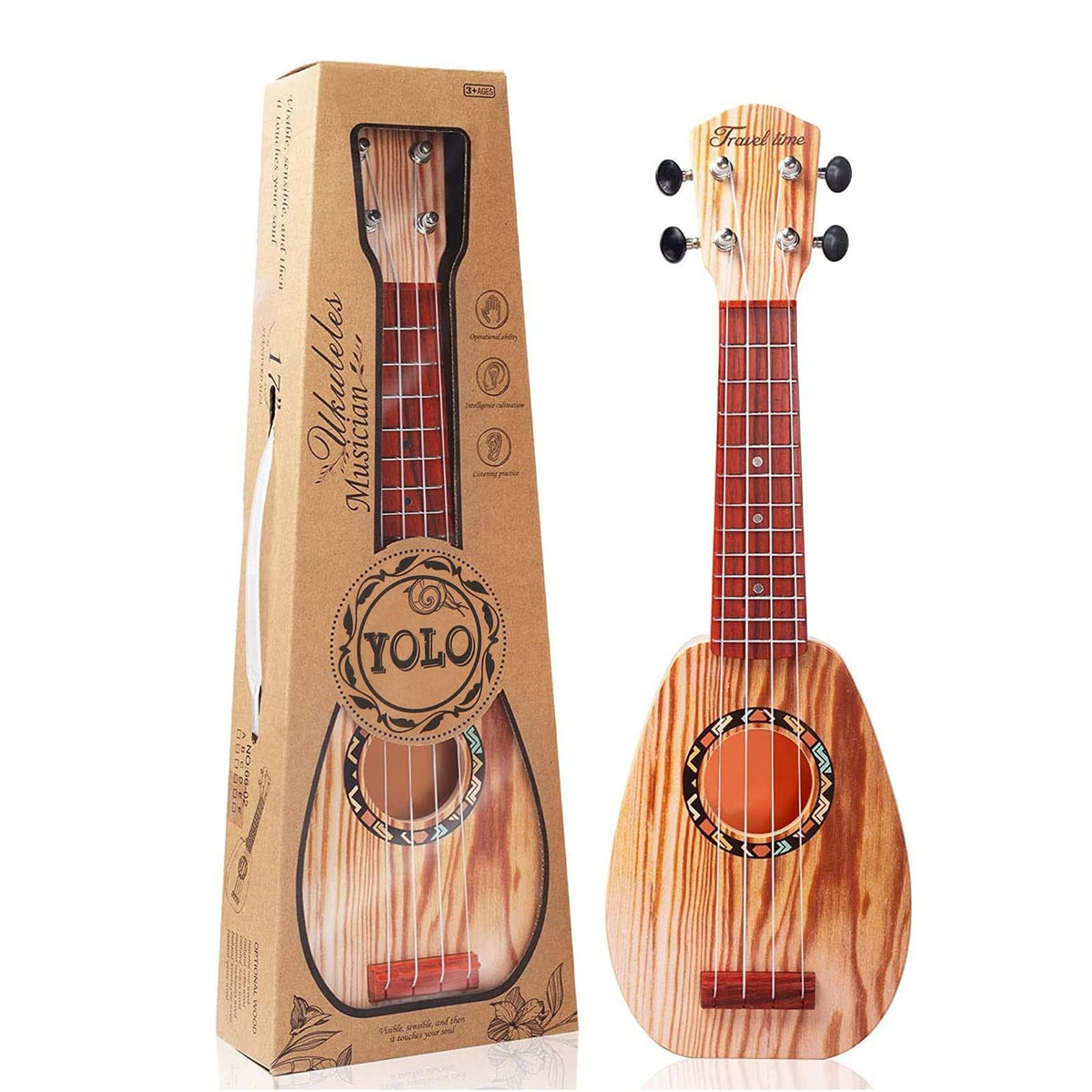 YOLOPLUS+ 17-inch ukulele front view, safe ABS plastic for toddler play.