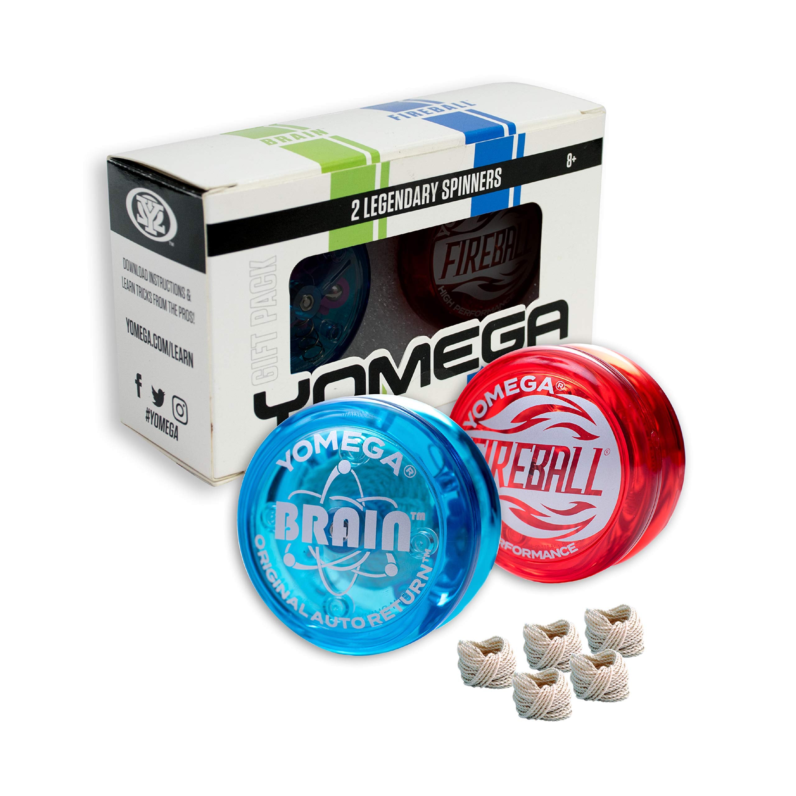 Yomega 2 Legendary Spinners Fireball Red with Brain Blue yo-yo in action showing long spins
