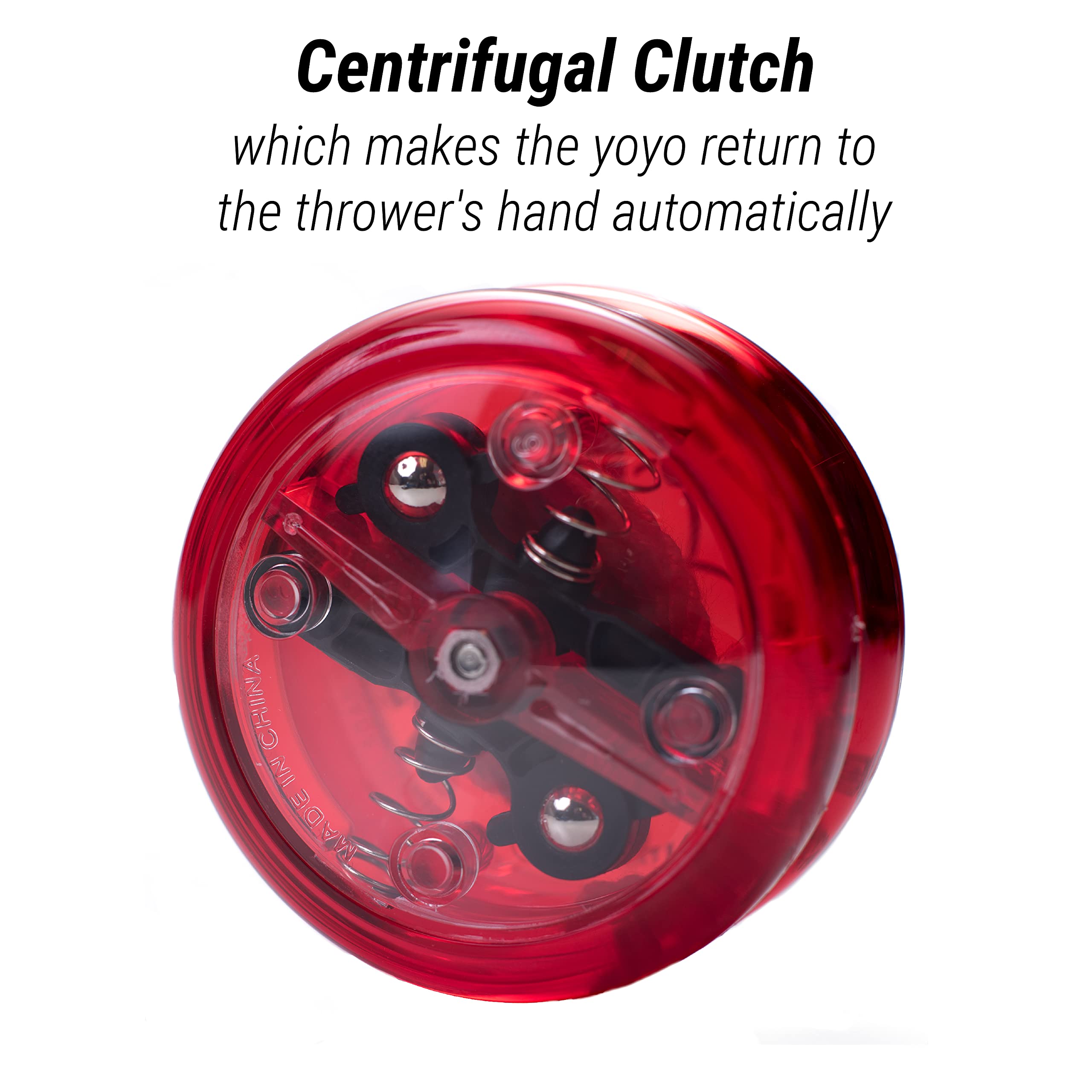 Yomega Brain yoyo side view shows red body, smooth spins ideal for learning tricks.
