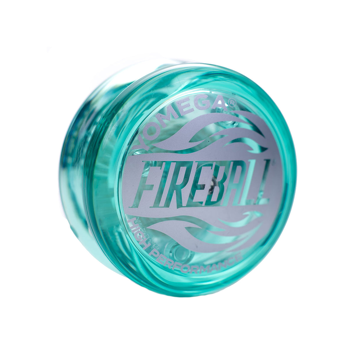 Yomega Fireball Teal YoYo on table ready for smooth spins