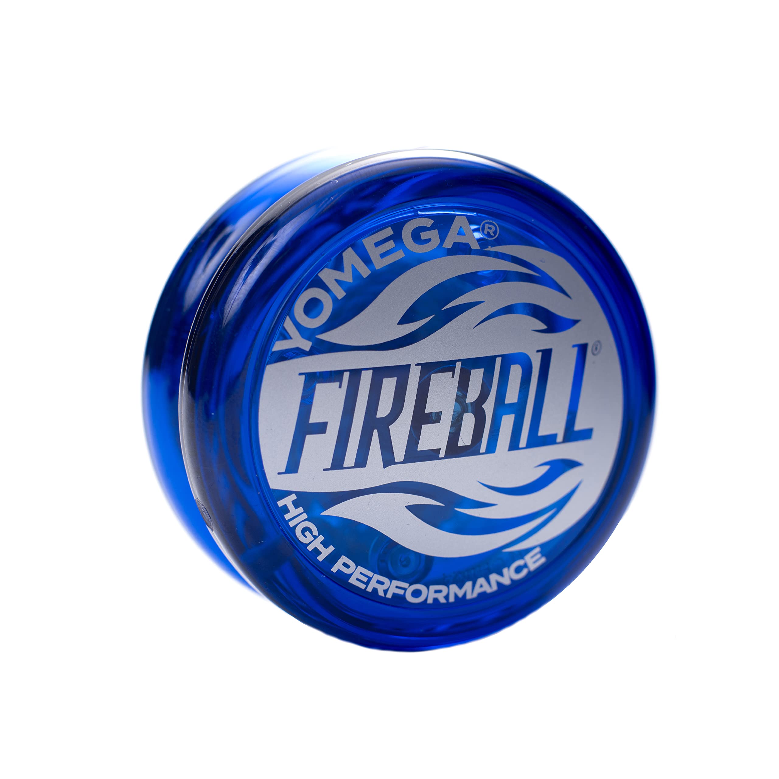 Yomega Fireball YoYo blue front view shows long-spin potential on a crisp string.