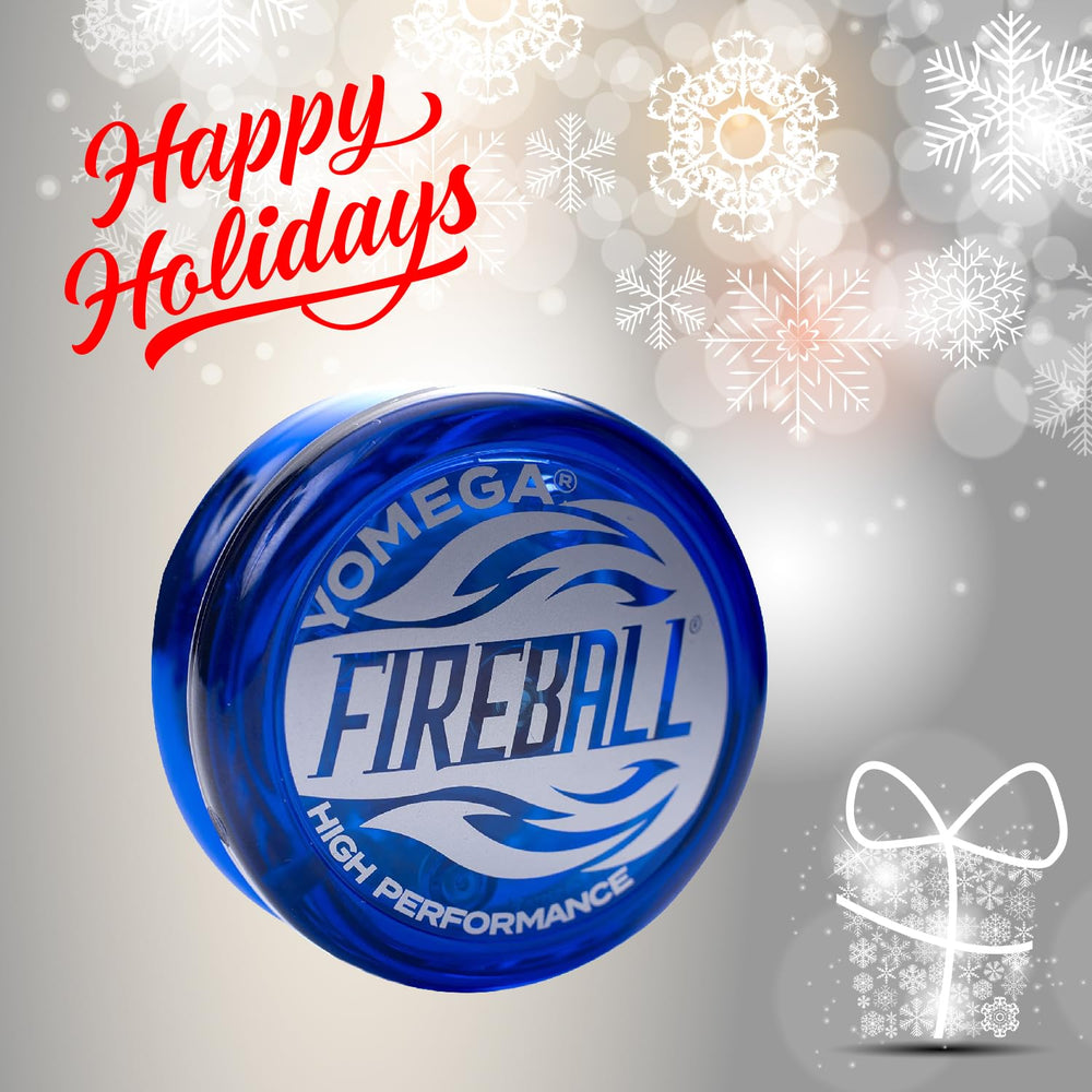Yomega Fireball blue side view highlighting balanced weight for stable returns.