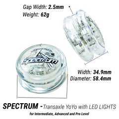 Yomega Multi-colored LEDs illuminate the Spectrum Yo-Yo during twirling.
