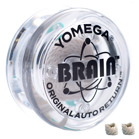 Yomega Original Brain yoyo clear box view with accessories and warranty