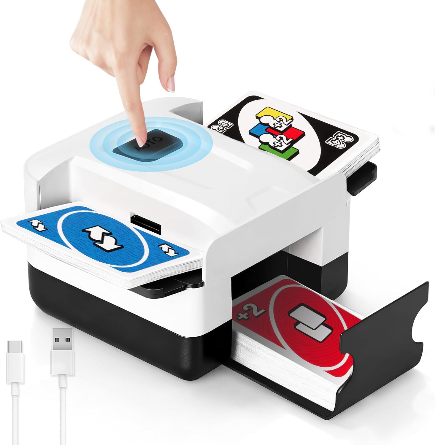 YOMEYOT automatic card shuffler front view for quick, consistent shuffles.