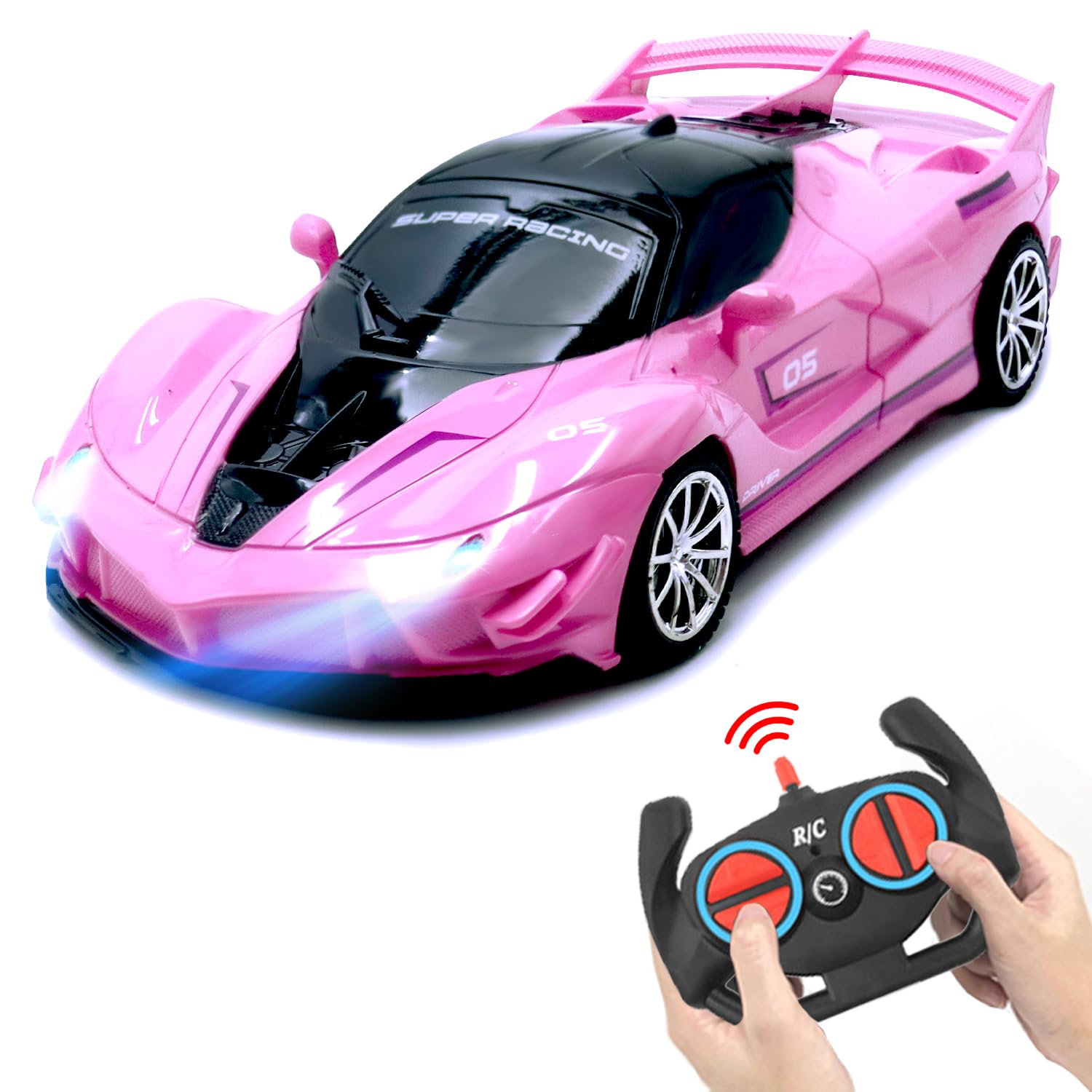 Yomwet pink RC car front view, kid-friendly size for easy handling.