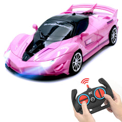 Yomwet pink RC car front view, kid-friendly size for easy handling.