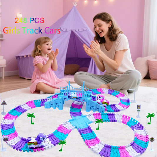 Yomwet Tracks unicorn car and pink train for imaginative storytelling adventures.