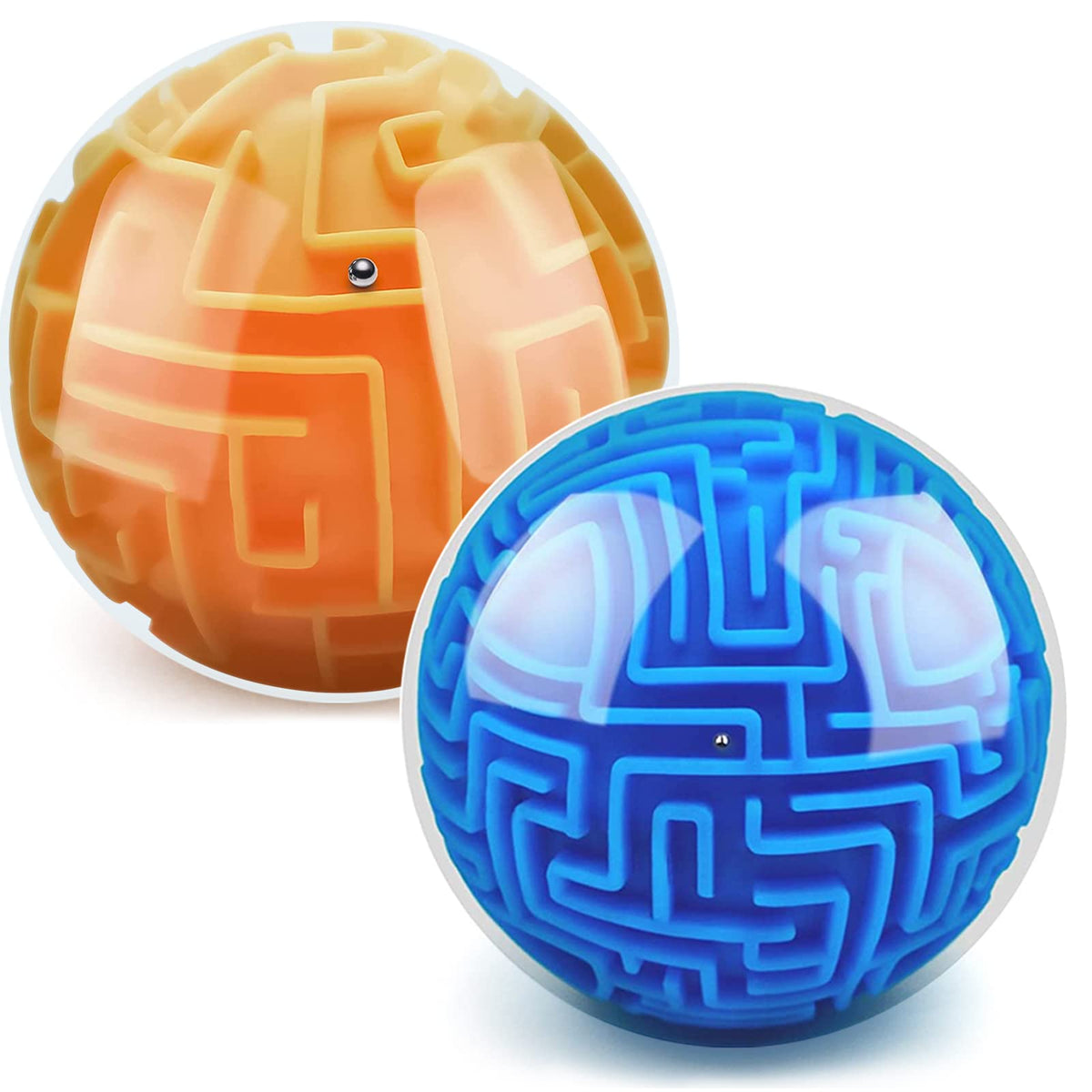YongnKids 2-pack orange and blue 3D maze ball front view for focus and stress relief.