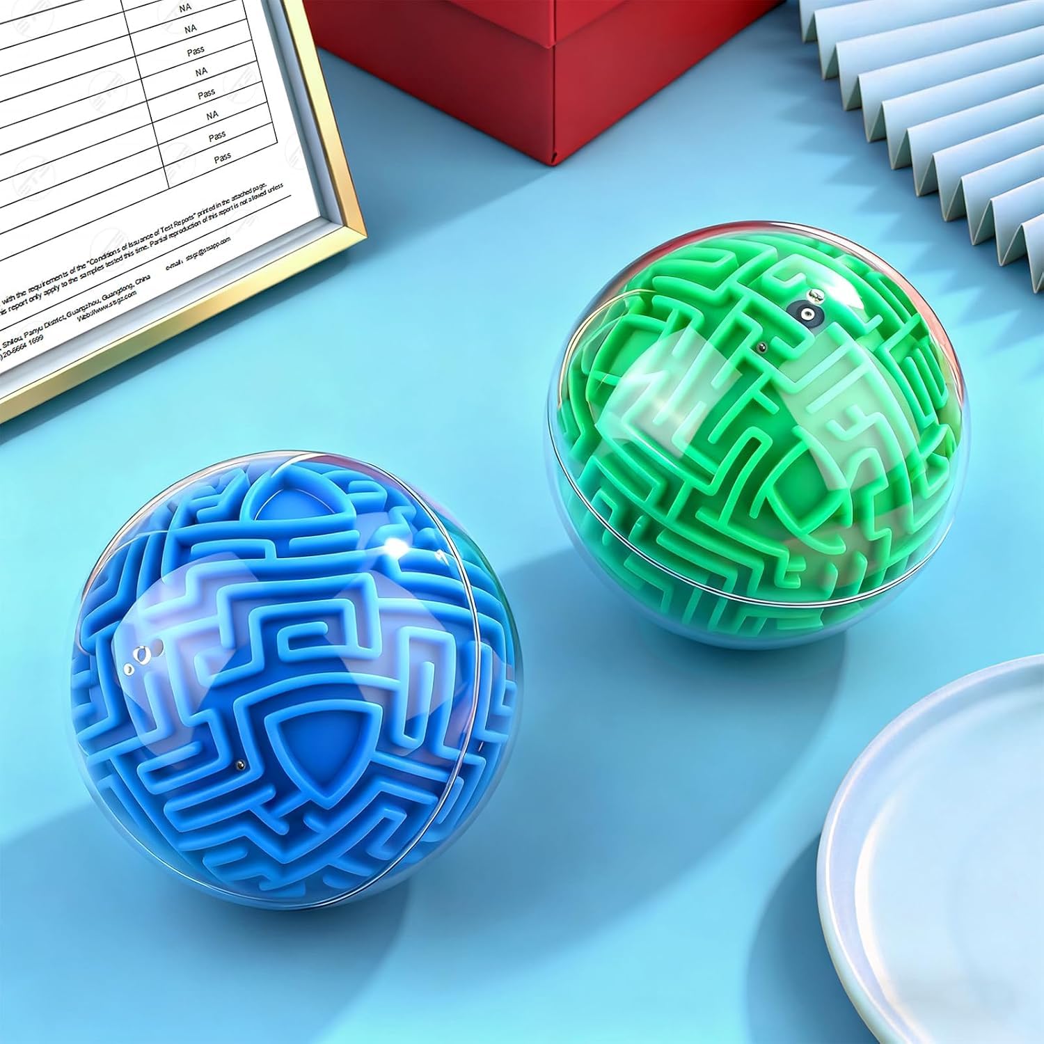 Close-up of YongnKids blue-green puzzle ball showing clear exterior for tactile play.