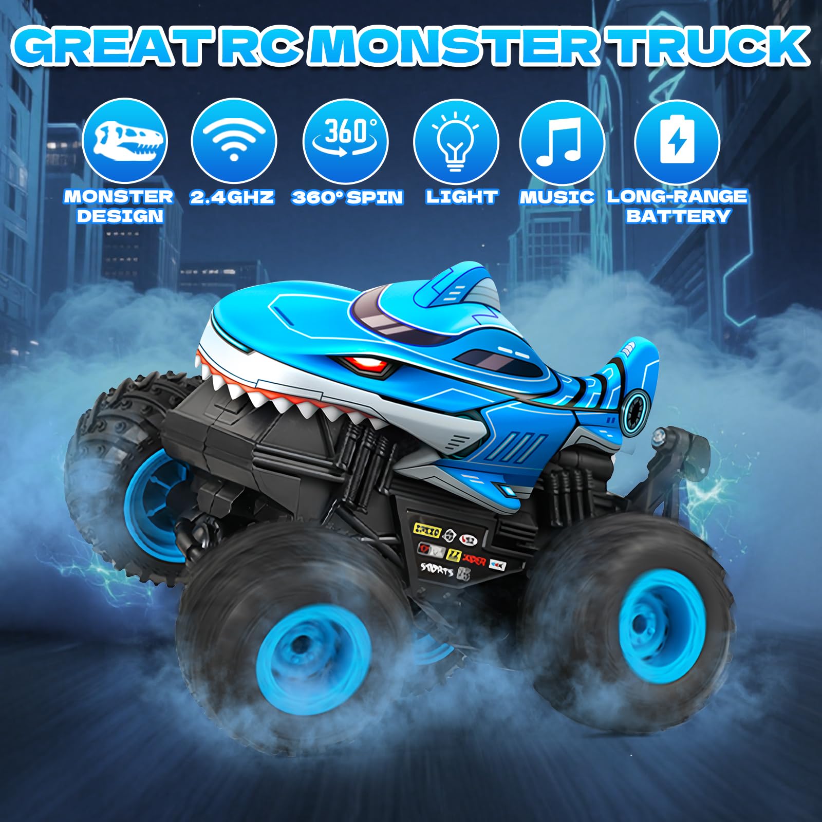 YongnKids shark monster side view highlights drift capability for exciting races.