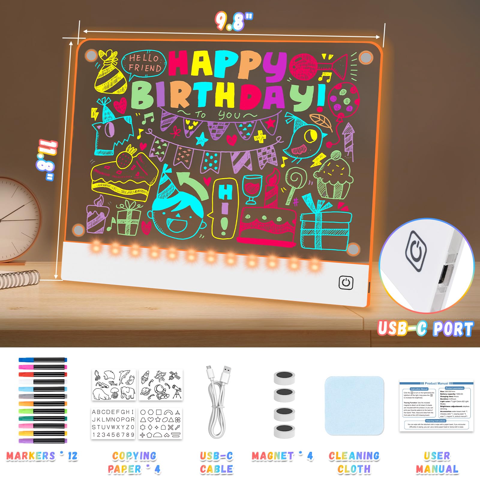 YONHAN brightness control lets kids adjust glow while drawing.