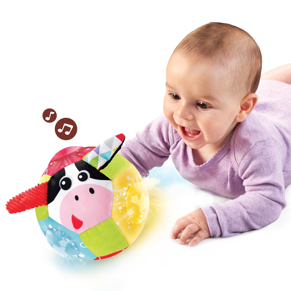 Yookidoo Baby Lights N' Music Friends Ball features three farm animals with crinkly ears for touch.