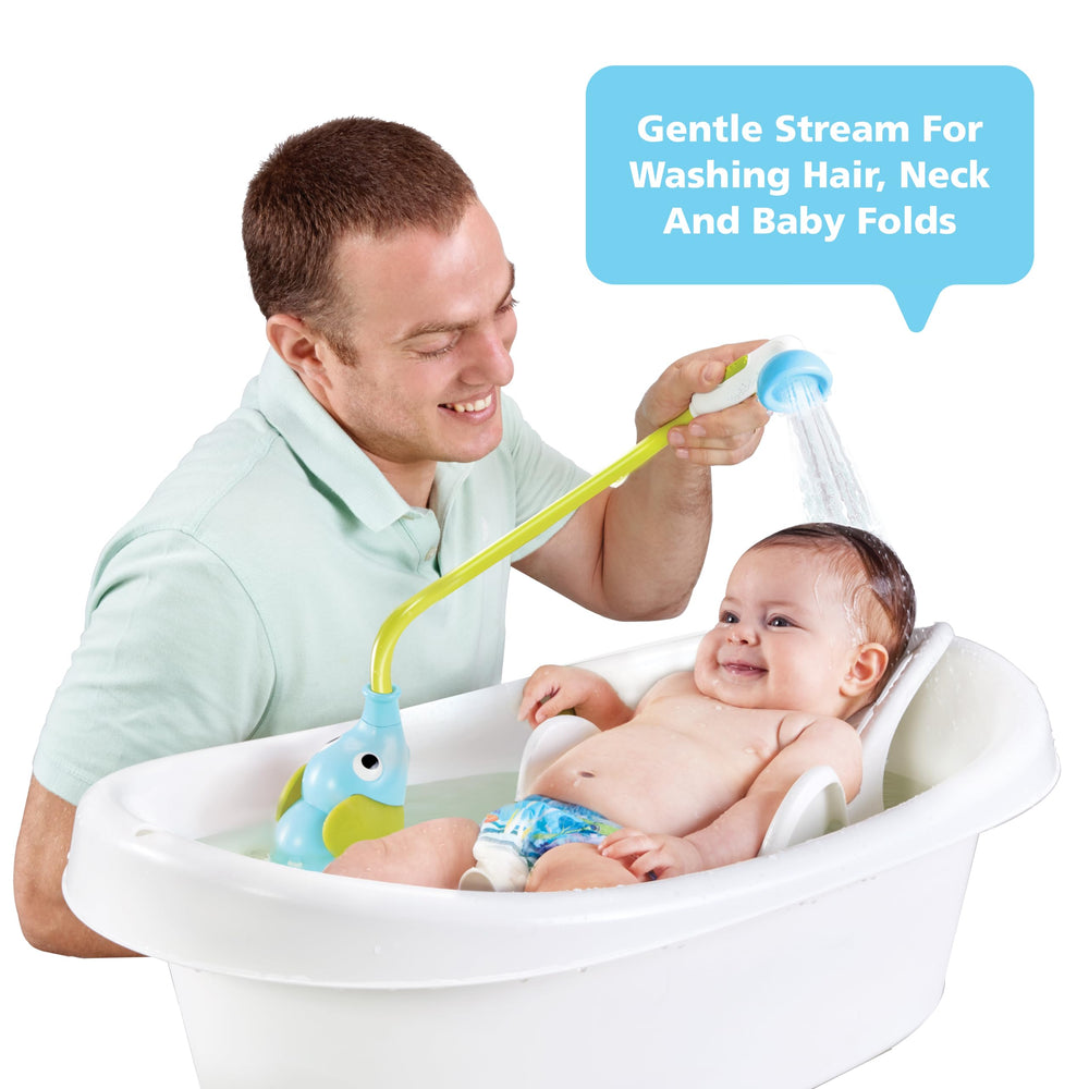 Yookidoo bath shower head rinser enables playful spray for newborns.