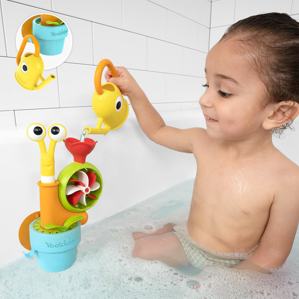 Yookidoo snail bath toy attaches to tub or shower for quick setup.