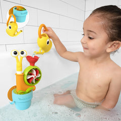 Yookidoo snail bath toy attaches to tub or shower for quick setup.