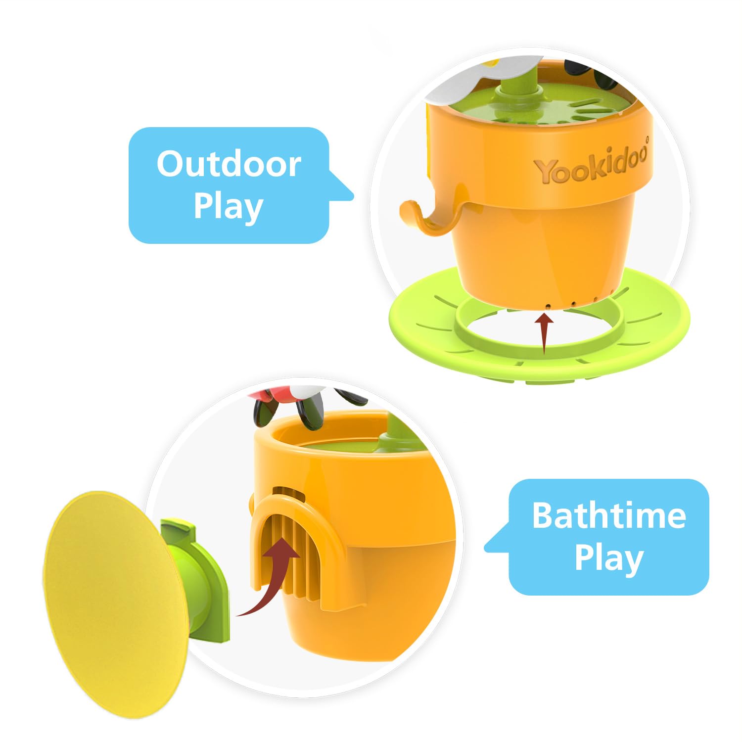 Yookidoo blue bird tipping action demonstrates cause-and-effect during bath time