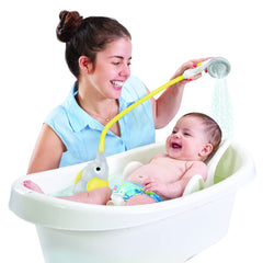 Yookidoo compact bath shower head saves space during baby baths