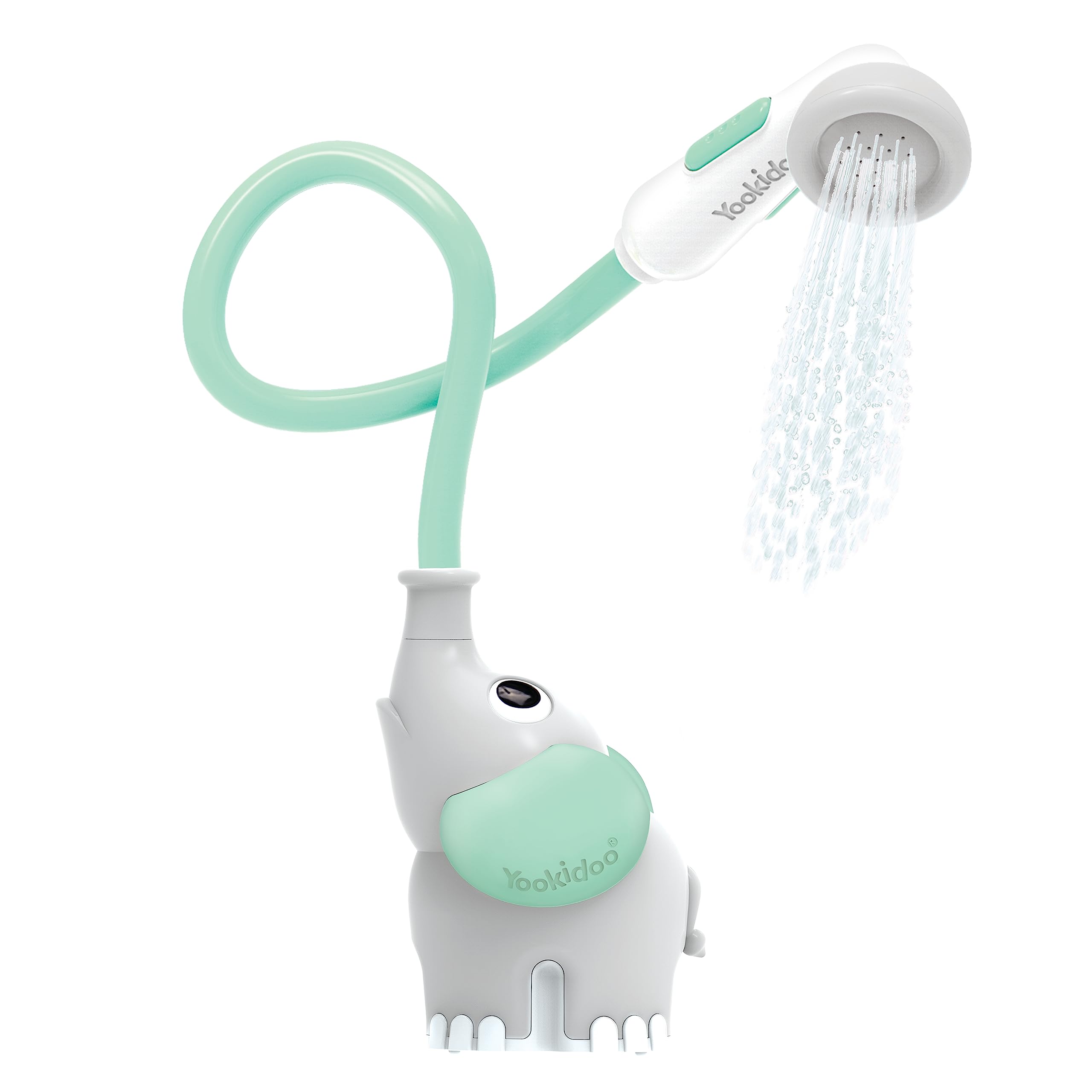 Yookidoo elephant bath shower head front view for controlled one-handed newborn bath.