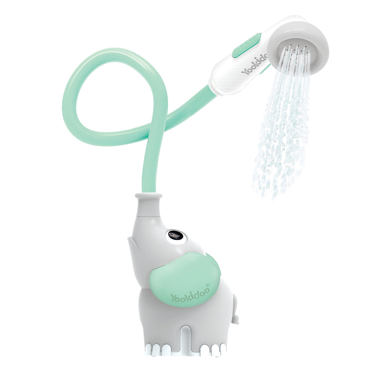 Yookidoo elephant bath shower head front view for controlled one-handed newborn bath.
