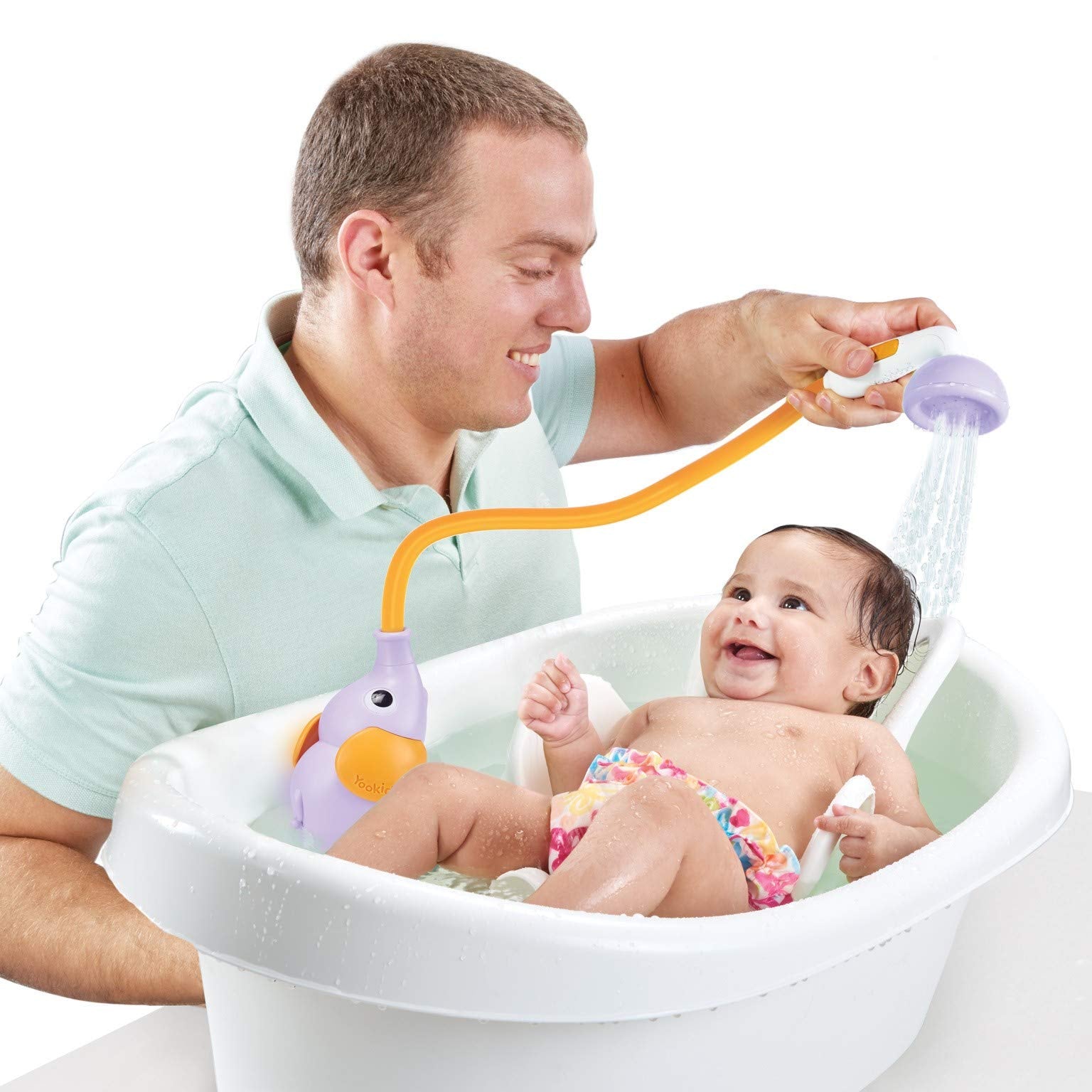 Yookidoo elephant trunk spray demonstrates playful bath time for toddlers.