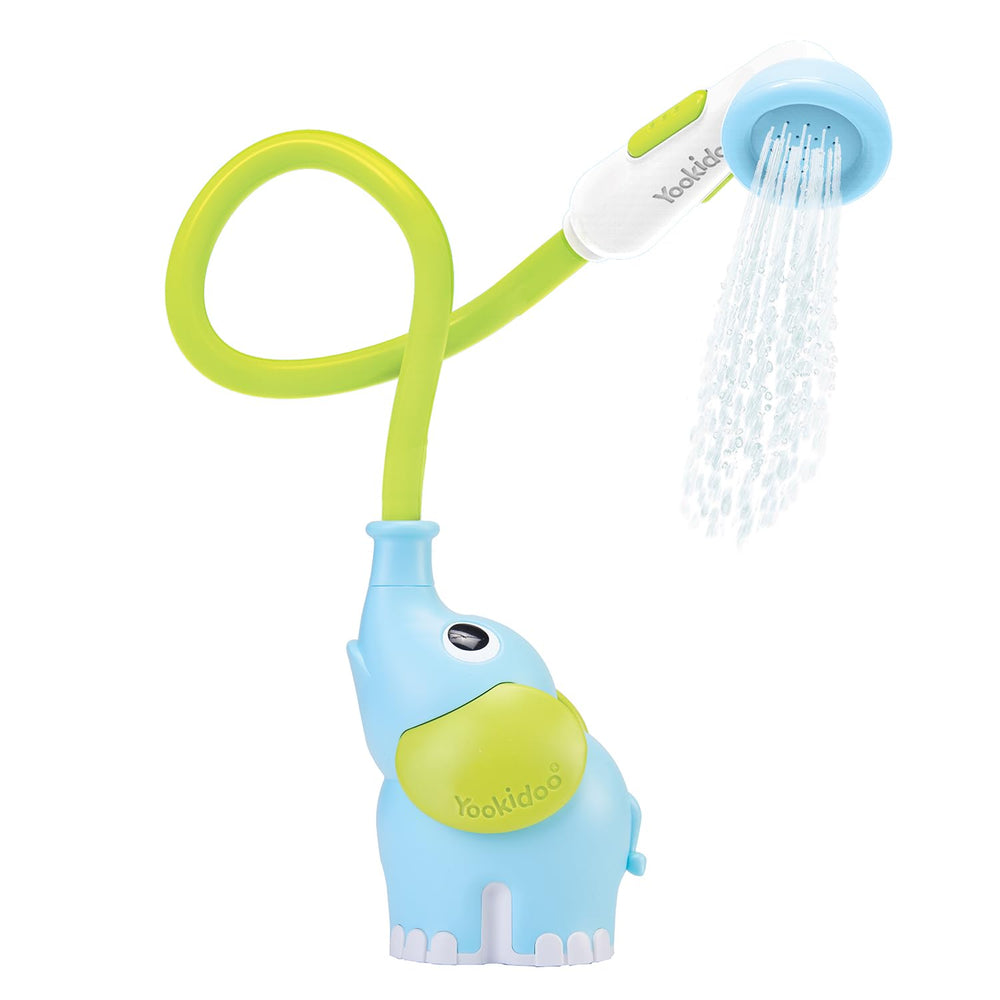Yookidoo Elephant water pump trunk provides gentle rinsing during bathtime.