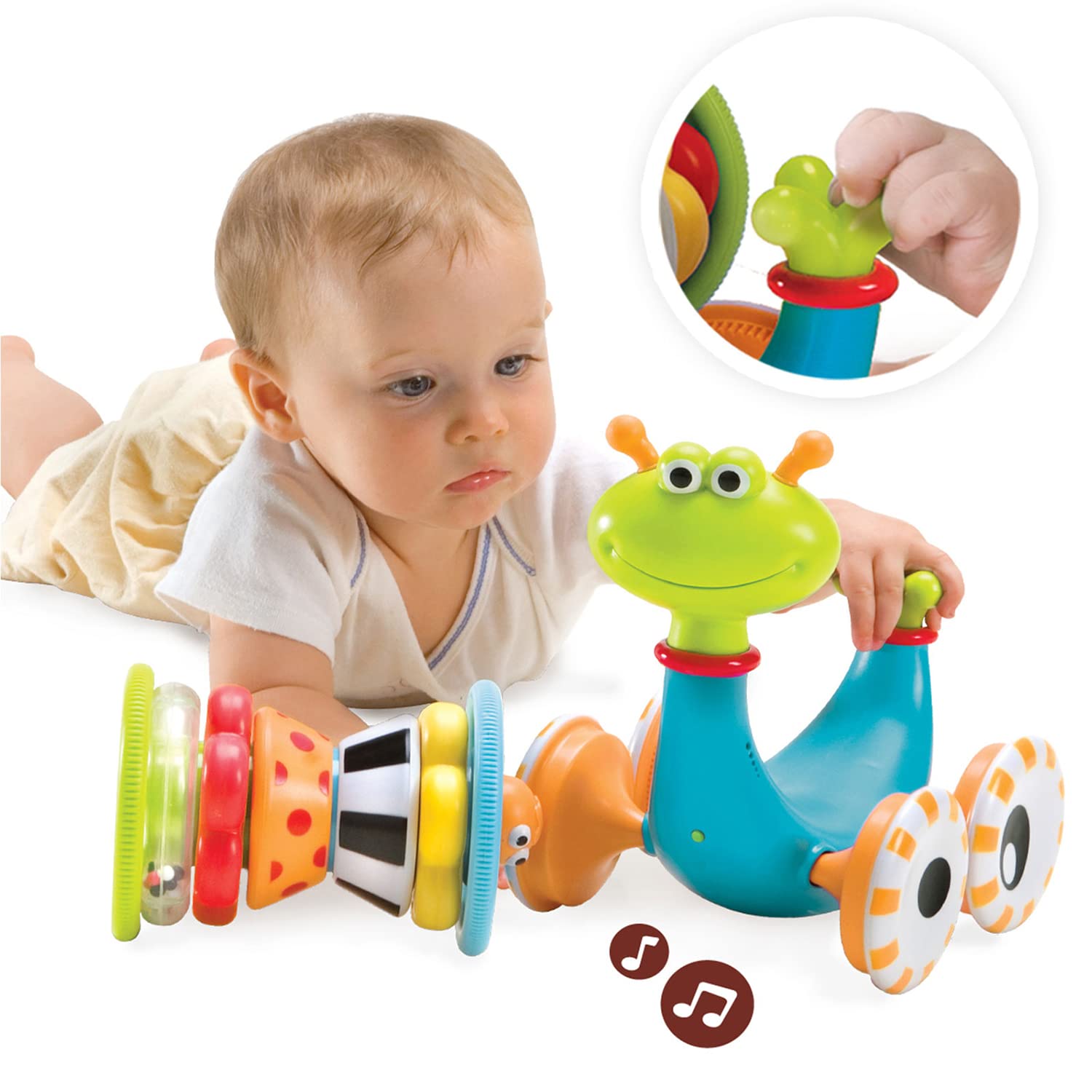 Yookidoo snail head-turn feature adds visual play for early walkers.