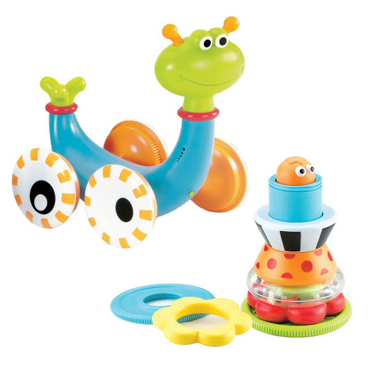 Yookidoo snail shell spin invites baby to crawl with engaging motion and sound.