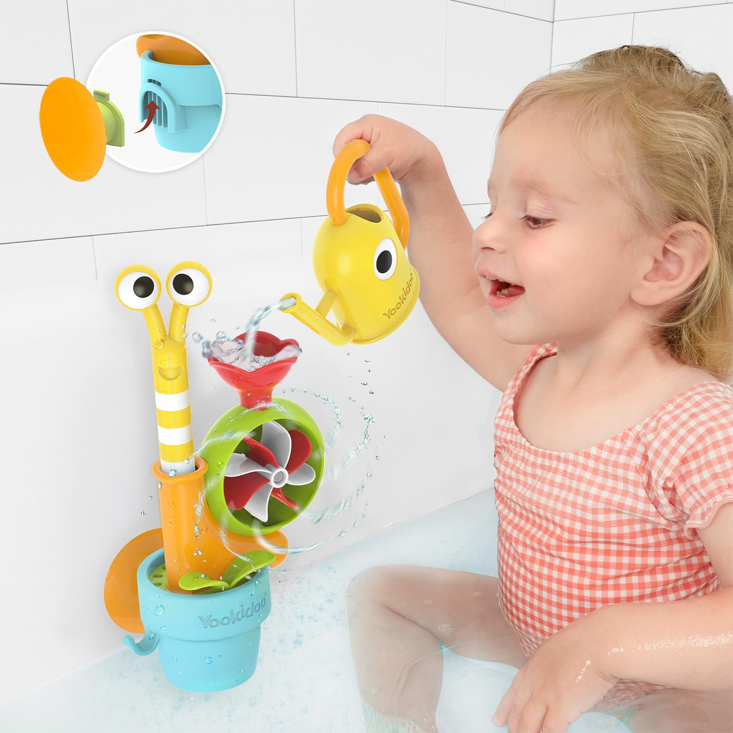 Yookidoo snail bath toy peek-a-boo reveals head as water fills the shell.