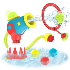 Yookidoo Water Cannon Ball Blaster mounted on tub with suction cups for easy setup.
