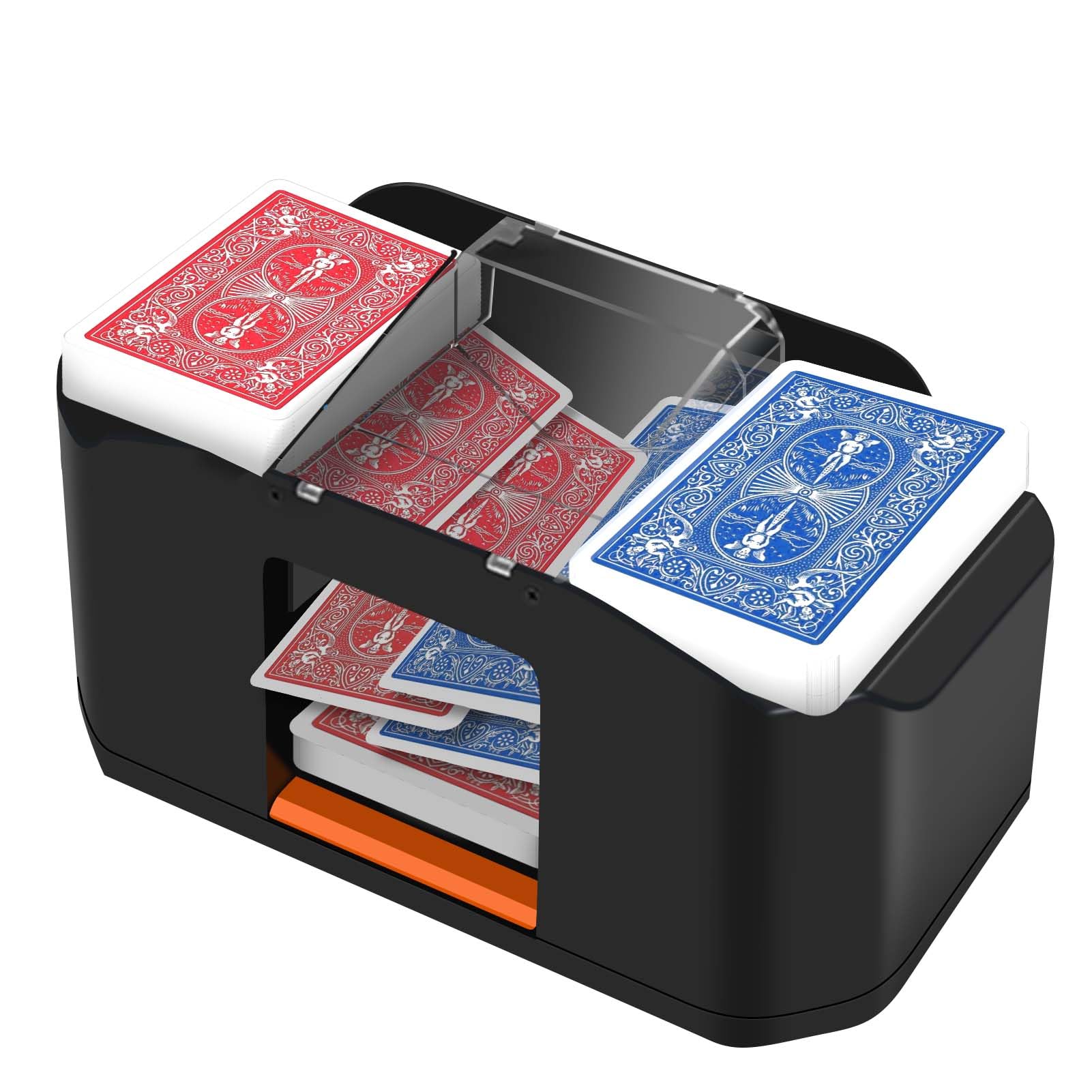 YOOUT automatic card shuffler top view with two decks ready to shuffle