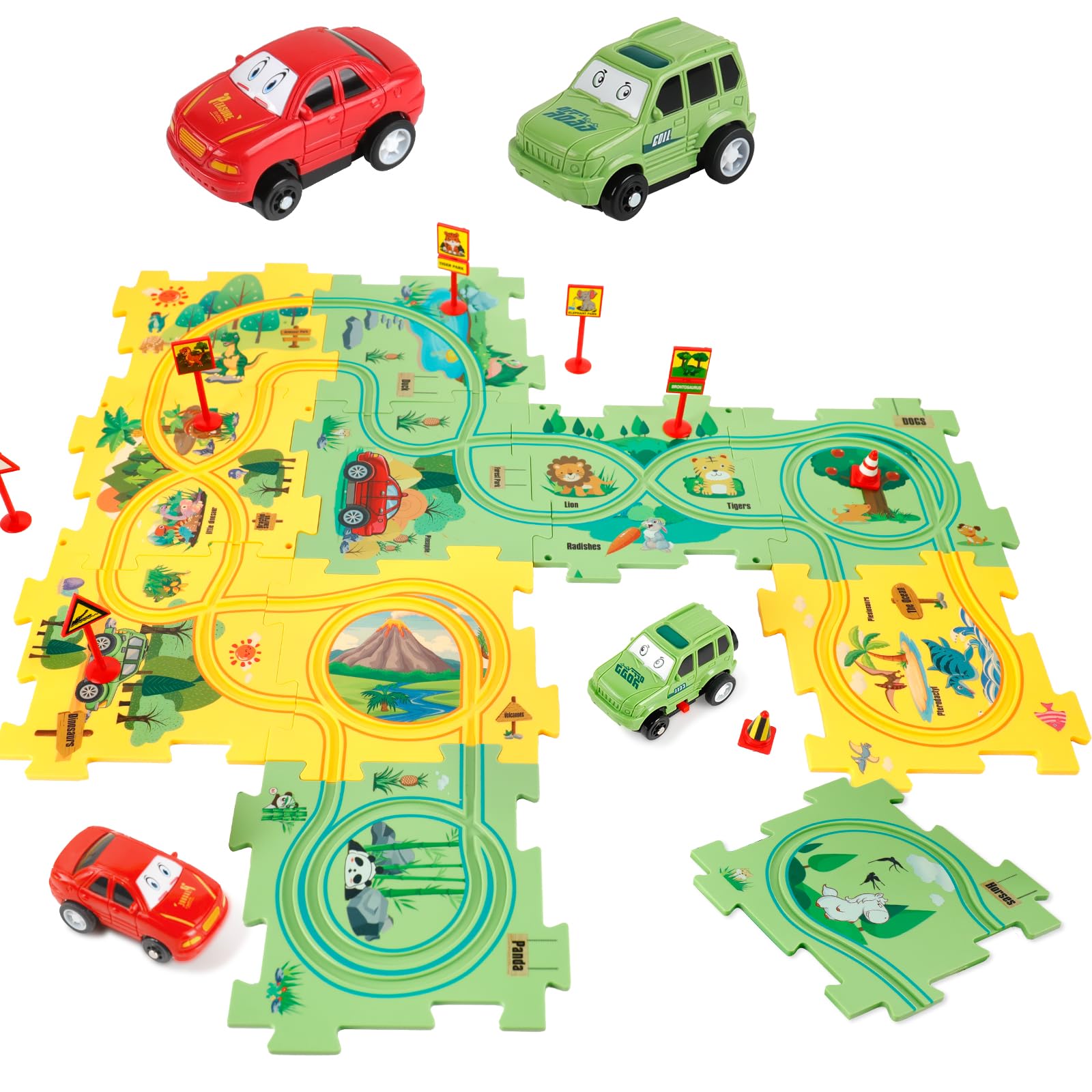 YOOYID dinosaur-forest puzzle track for kids enhances spatial awareness through colorful challenges.