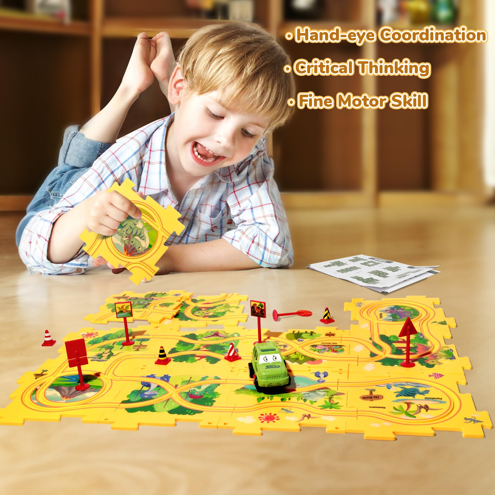YOOYID puzzle pieces and road signs boost problem-solving during playtime.