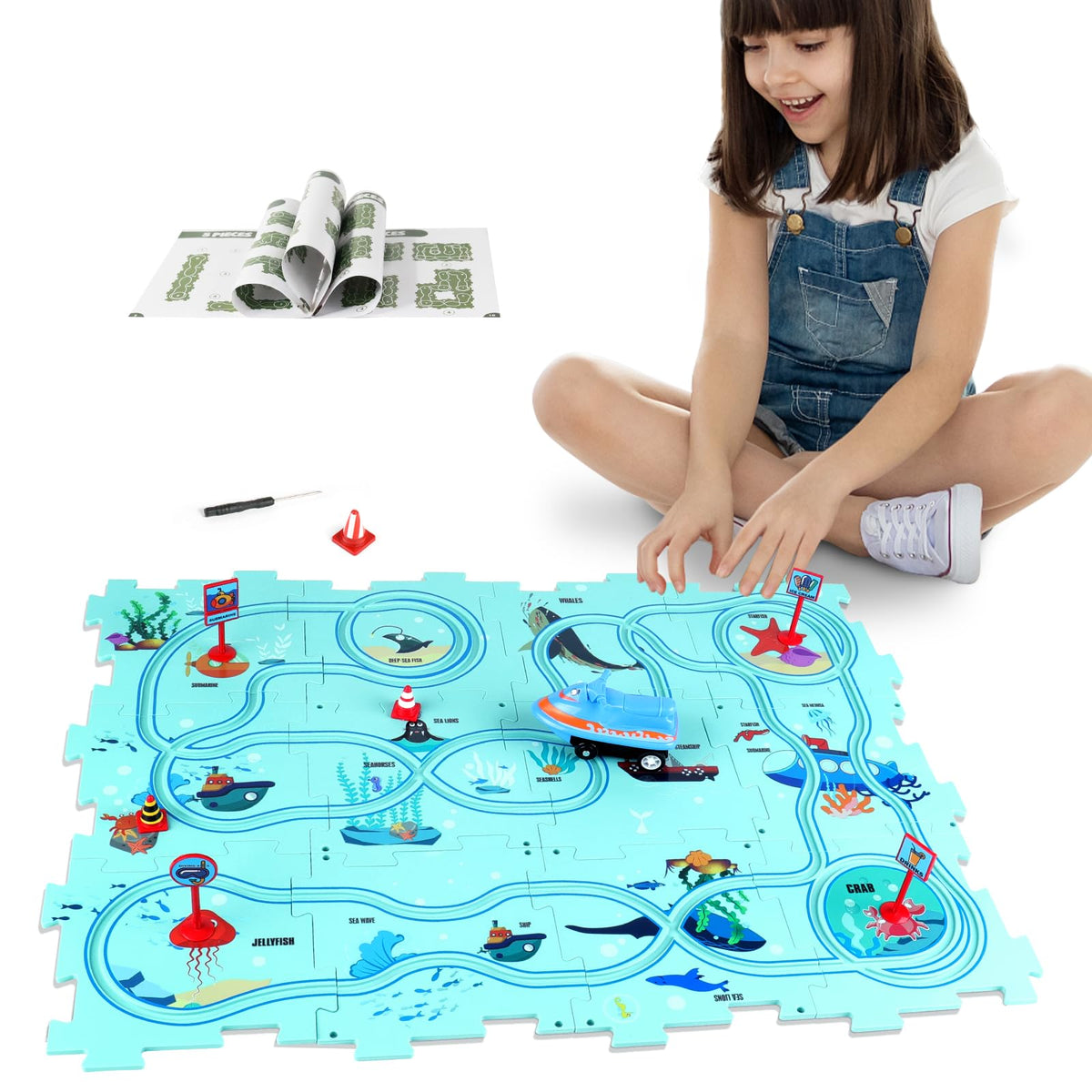 YOOYID track car puzzle set overview showing engaging learning on a track