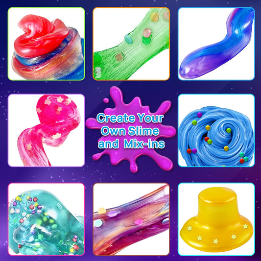 YOPINSAND Galaxy Slime Kit contents showing colors, glitters, and add-ins for Galaxy slime