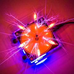 Yoqanr Tesla coil arc light paired with Bluetooth speaker demonstrates rhythm.