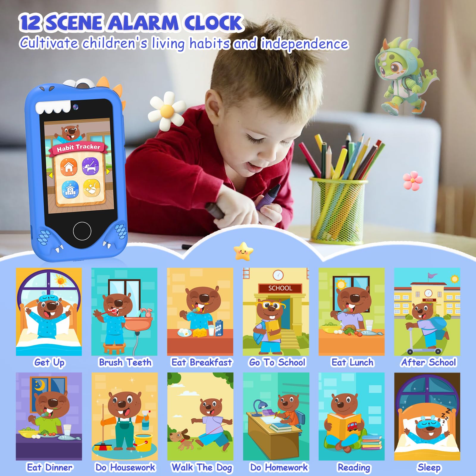 Yosfeng Kids Smart Phone displaying photo stickers for personalized images.
