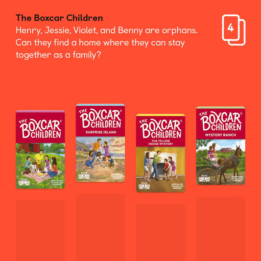 Inside view of the Boxcar Children card pack with four story cards