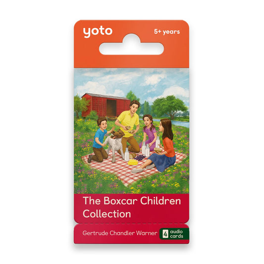 Yoto Boxcar Children pack cover showing four story cards for screen-free play