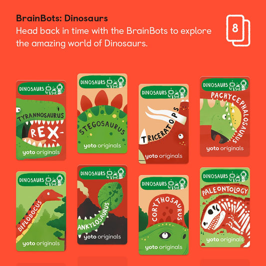 Yoto BrainBots dinosaurs card pack featuring 8 cards for screen-free listening adventures.