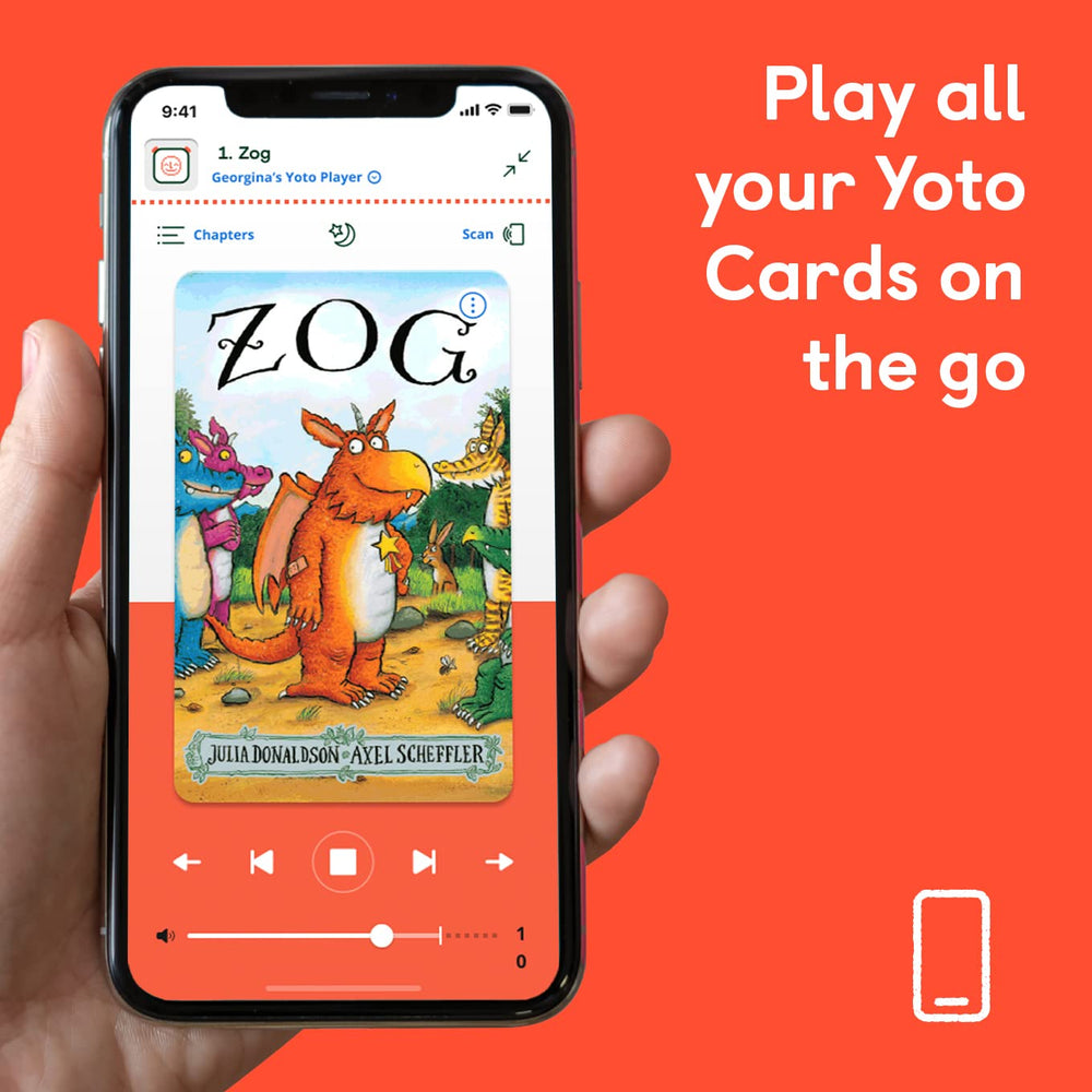 YOTO Classic Fairy Stories card inside-view shows compact size for travel.