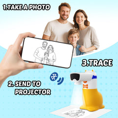 Yoturetoys AI Drawing Projector app scene shows endless theme packs to explore.