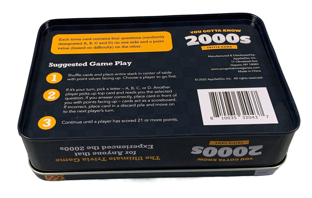 You Gotta Know metal tin packaging keeps the trivia cards organized and portable.