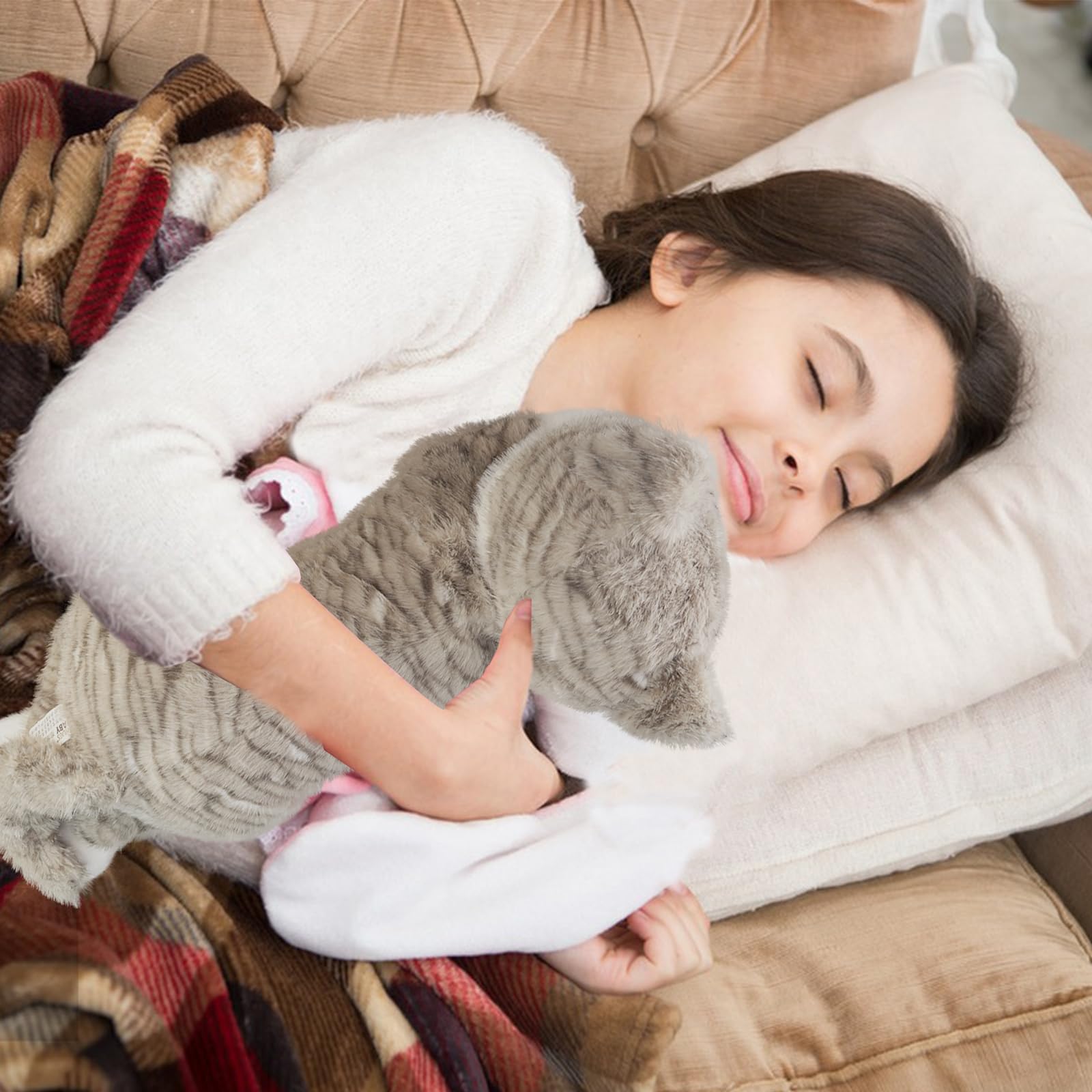 YOUBLEK weighted cat on lap showing cozy cuddle use as a lap pillow.